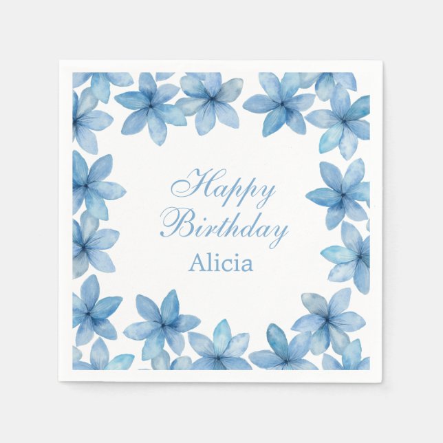 Elegante Watercolor Blau Blume jedes Alters Geburt Serviette (Vorderseite)