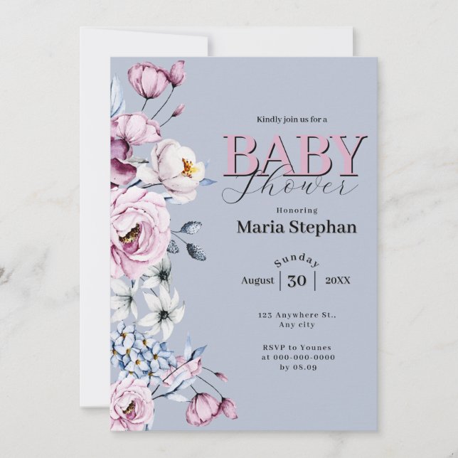 Elegante Watercolor Blau Rosa Blütendusche Einladung (Vorderseite)