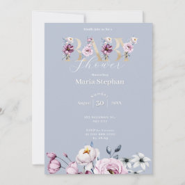 Elegante Watercolor Blau Rosa Blütendusche Einladung