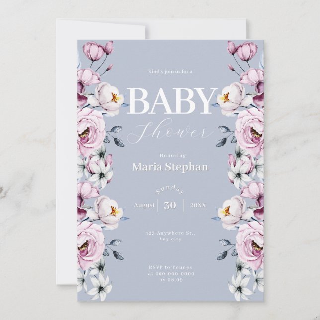 Elegante Watercolor Blau Rosa Blütendusche Einladung (Vorderseite)