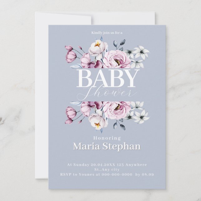 Elegante Watercolor Blau Rosa Blütendusche Einladung (Vorderseite)