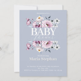 Elegante Watercolor Blau Rosa Blütendusche Einladung