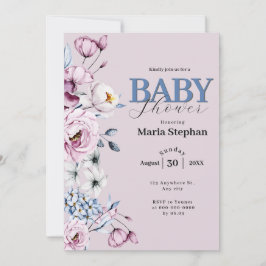 Elegante Watercolor Blau Rosa Blütendusche Einladung