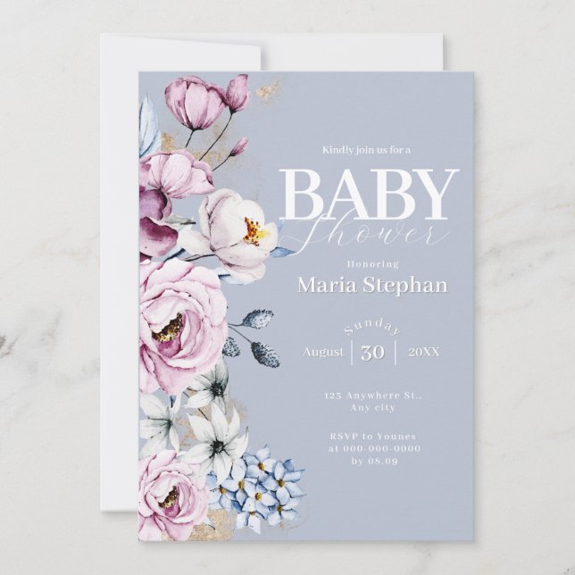 Elegante Watercolor Blau Rosa Blütendusche Einladung (Vorderseite)