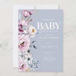 Elegante Watercolor Blau Rosa Blütendusche Einladung