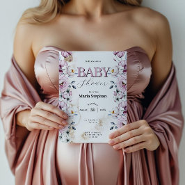 Elegante Watercolor Blau Rosa Blütendusche Einladung