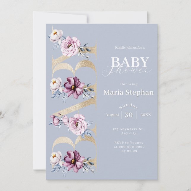 Elegante Watercolor Blau Rosa Blütendusche Einladung (Vorderseite)