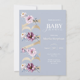 Elegante Watercolor Blau Rosa Blütendusche Einladung