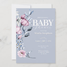 Elegante Watercolor Blau Rosa Blütendusche Einladung