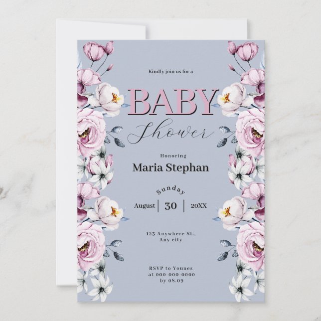 Elegante Watercolor Blau Rosa Blütendusche Einladung (Vorderseite)