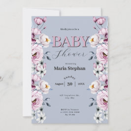 Elegante Watercolor Blau Rosa Blütendusche Einladung