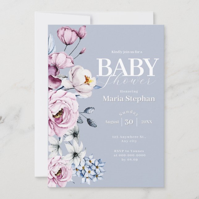 Elegante Watercolor Blau Rosa Blütendusche Einladung (Vorderseite)