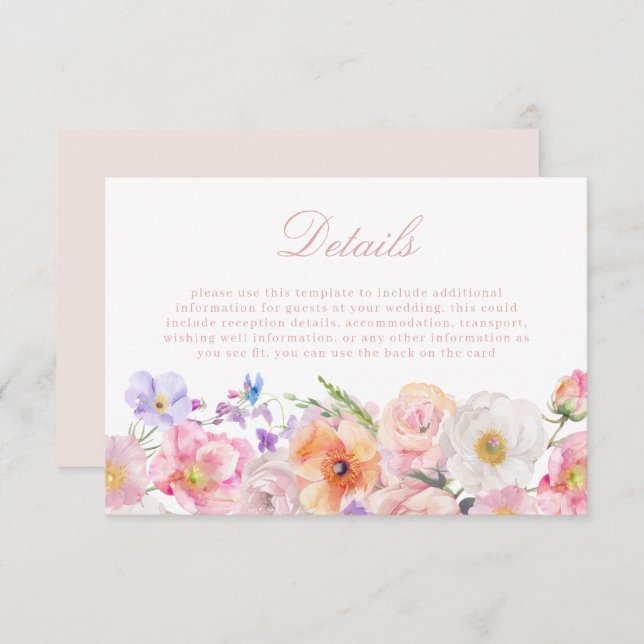 Elegante Watercolor Bloom Wedding Details Begleitkarte (Vorne/Hinten)
