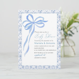 Elegante Watercolor Blue Bow Boy Baby Shower Einladung