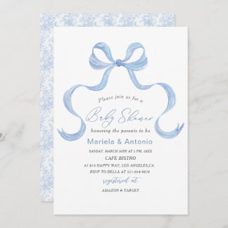 Elegante Watercolor Blue Bow Boy Baby Shower Einladung