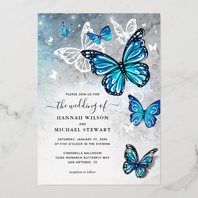 Elegante Watercolor Blue Butterfly Hochzeit Real Folieneinladung (Vorderseite)
