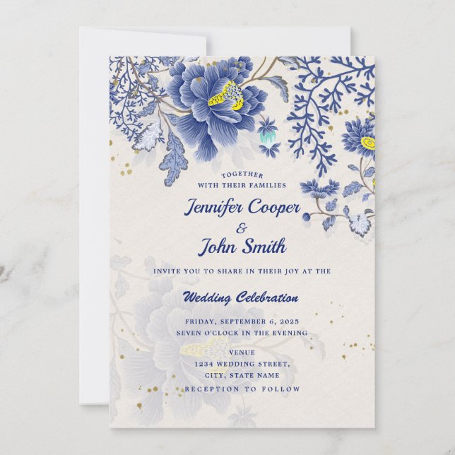 Elegante Watercolor Blue Floral Botanical Wedding  Einladung (Vorderseite)