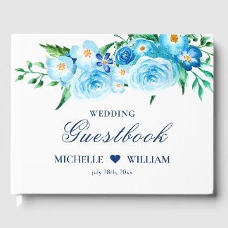Elegante Watercolor Blue Floral White Wedding Gästebuch