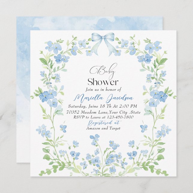 Elegante Watercolor Blue Flowers Babydusche Einladung (Vorne/Hinten)