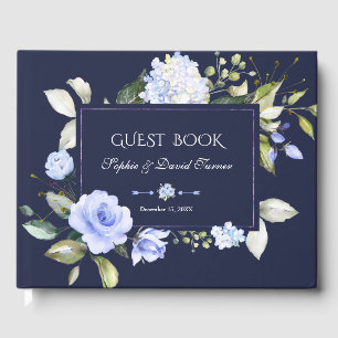 Elegante Watercolor Blue Flowers Frame Navy Hochze Gästebuch