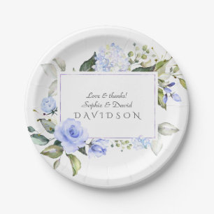 Elegante Watercolor Blue Flowers Rahmen Wedding Pappteller