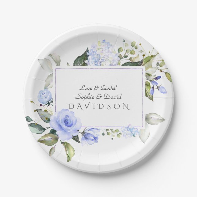 Elegante Watercolor Blue Flowers Rahmen Wedding Pappteller (Vorderseite)