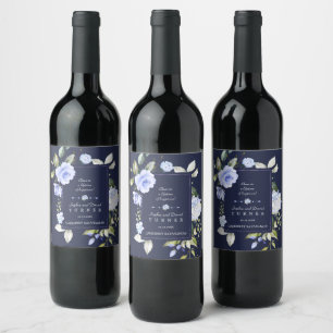 Elegante Watercolor Blue Flowers Rahmen Wedding Weinetikett