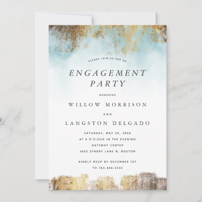 Elegante Watercolor Blue Gold Engagement Party Einladung (Vorderseite)