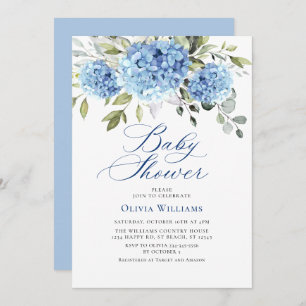 Elegante Watercolor Blue Hydrangea Babydusche Einladung