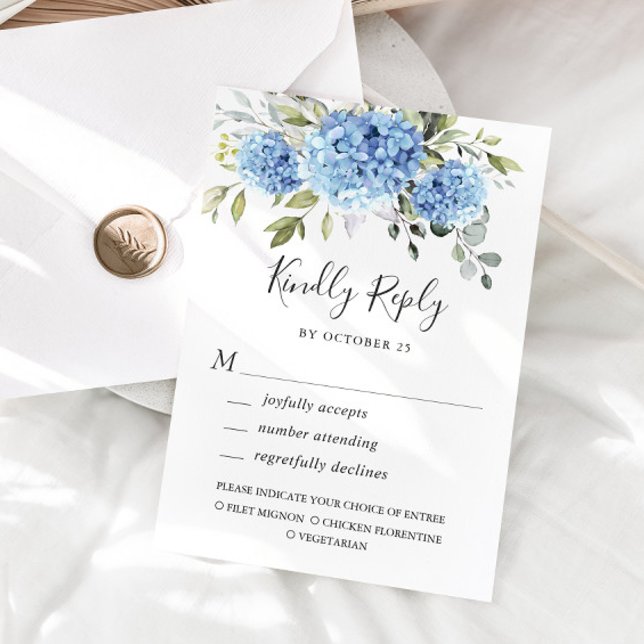 Elegante Watercolor Blue Hydrangea Blume Hochzeit RSVP Karte (Von Creator hochgeladen)
