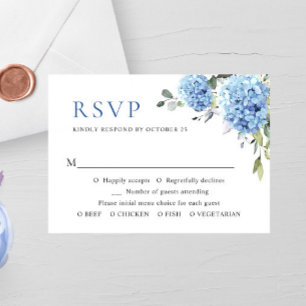 Elegante Watercolor Blue Hydrangea Blume Hochzeit RSVP Karte