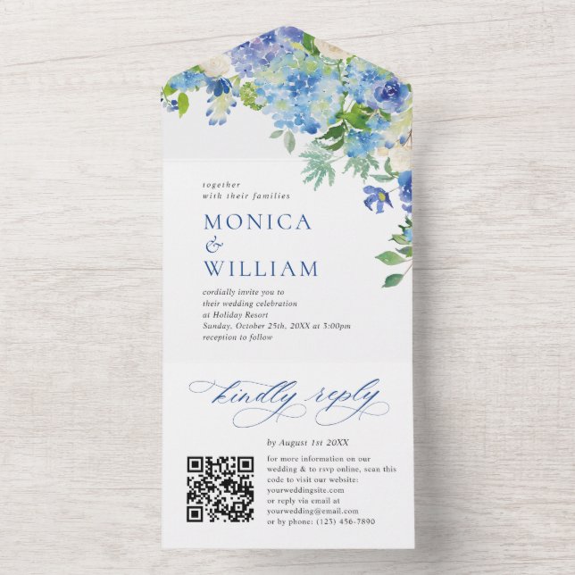 Elegante Watercolor Blue Hydrangea Blumenhochzeit All In One Einladung (Innen Boden)