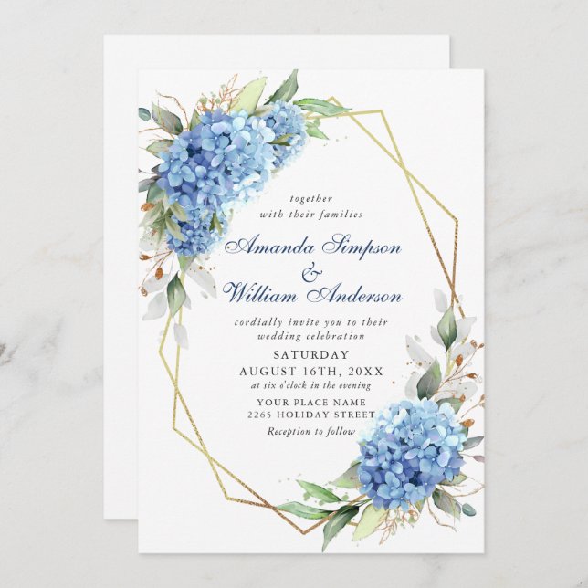 Elegante Watercolor Blue Hydrangea Blumenhochzeit Einladung (Vorne/Hinten)