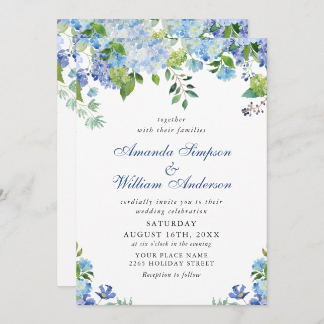 Elegante Watercolor Blue Hydrangea Blumenhochzeit Einladung (Vorne/Hinten)