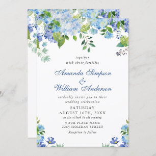 Elegante Watercolor Blue Hydrangea Blumenhochzeit Einladung