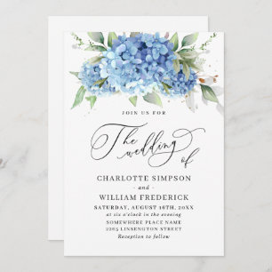 Elegante Watercolor Blue Hydrangea Blumenhochzeit Einladung