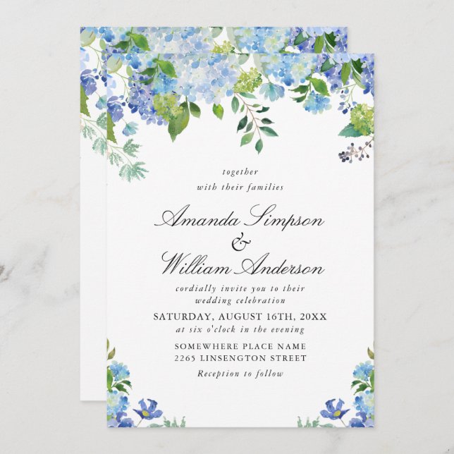 Elegante Watercolor Blue Hydrangea Blumenhochzeit Einladung (Vorne/Hinten)
