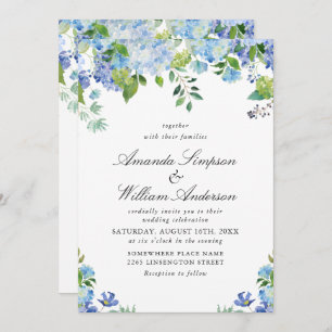 Elegante Watercolor Blue Hydrangea Blumenhochzeit Einladung