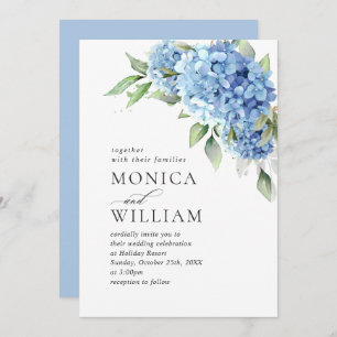 Elegante Watercolor Blue Hydrangea Blumenhochzeit Einladung