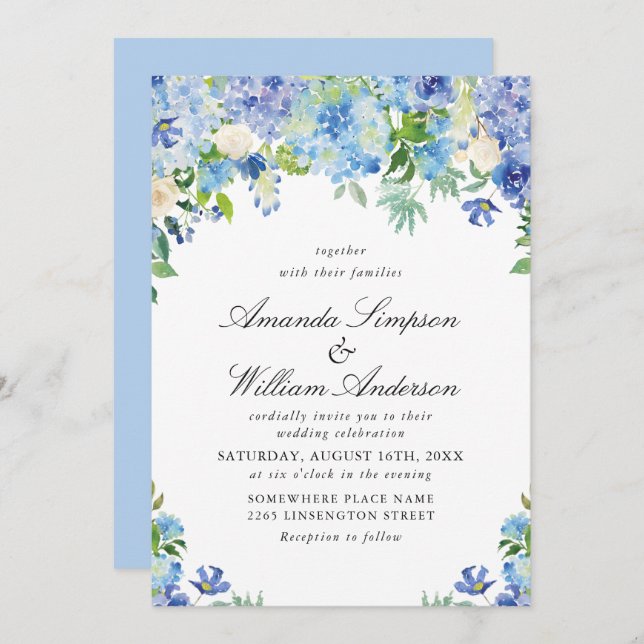 Elegante Watercolor Blue Hydrangea Blumenhochzeit Einladung (Vorne/Hinten)