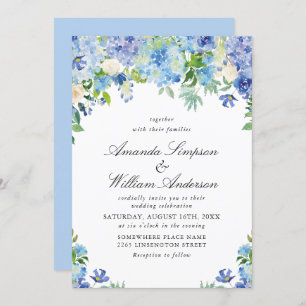 Elegante Watercolor Blue Hydrangea Blumenhochzeit Einladung