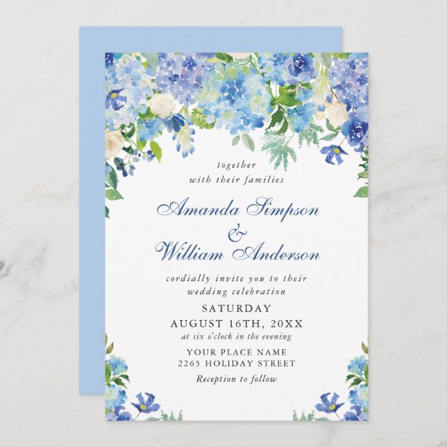 Elegante Watercolor Blue Hydrangea Blumenhochzeit Einladung (Vorne/Hinten)