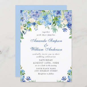 Elegante Watercolor Blue Hydrangea Blumenhochzeit Einladung