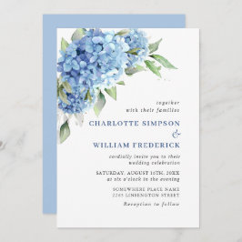 Elegante Watercolor Blue Hydrangea Blumenhochzeit Einladung