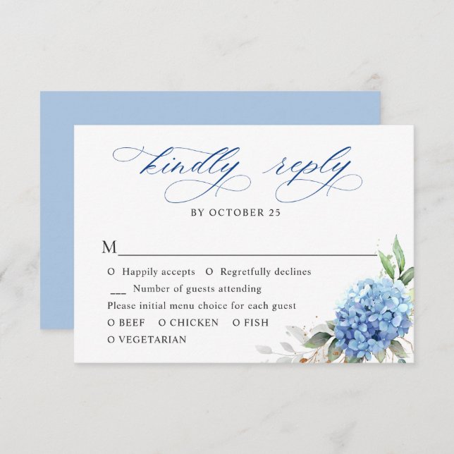 Elegante Watercolor Blue Hydrangea Blumenhochzeit RSVP Karte (Vorne/Hinten)