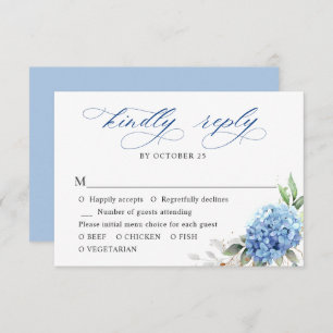 Elegante Watercolor Blue Hydrangea Blumenhochzeit RSVP Karte