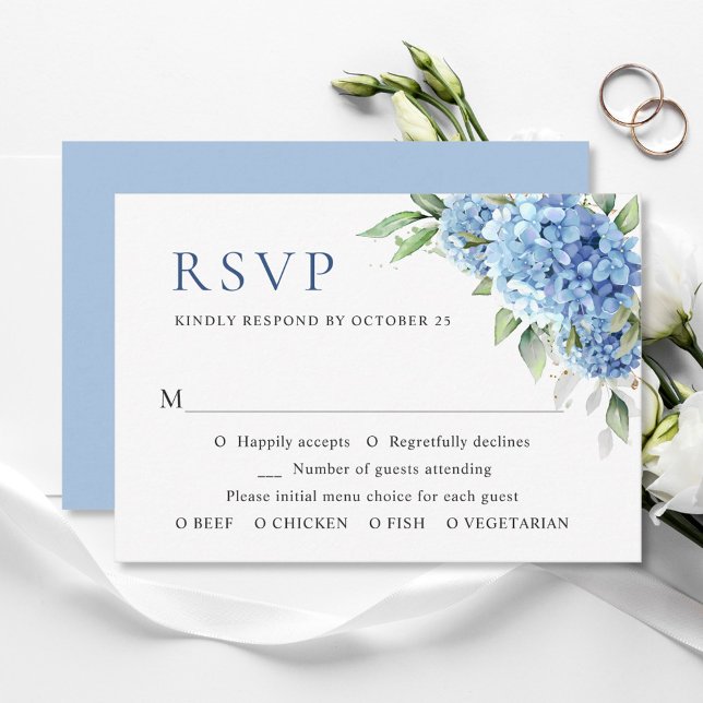 Elegante Watercolor Blue Hydrangea Blumenhochzeit RSVP Karte (Von Creator hochgeladen)