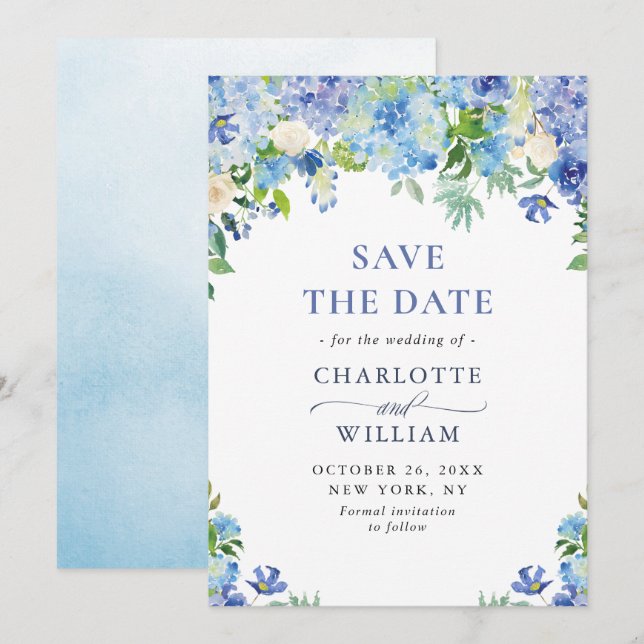 Elegante Watercolor Blue Hydrangea Blumenhochzeit Save The Date (Vorne/Hinten)
