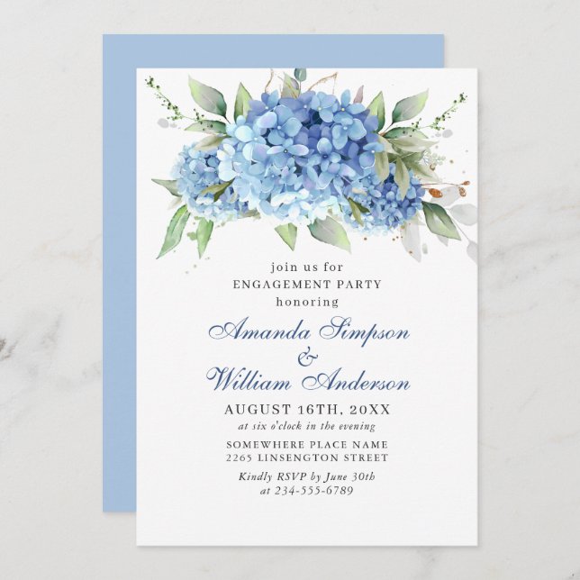 Elegante Watercolor Blue Hydrangea ENGAGEMENT PART Einladung (Vorne/Hinten)