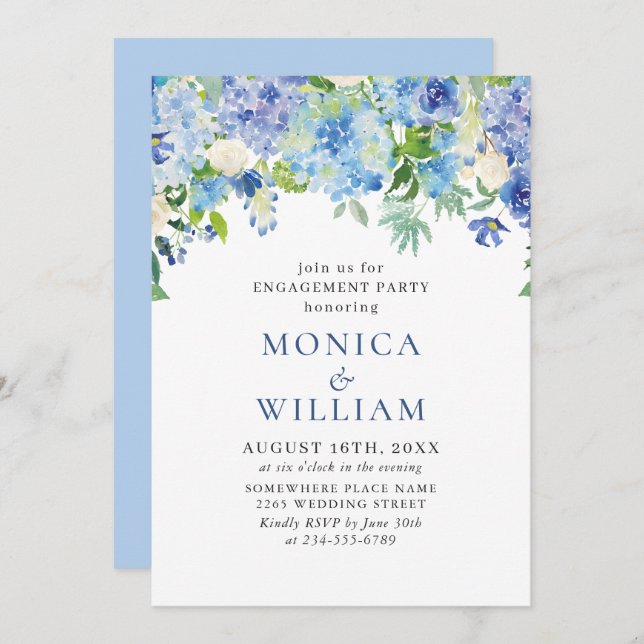 Elegante Watercolor Blue Hydrangea ENGAGEMENT PART Einladung (Vorne/Hinten)